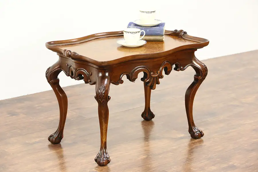 Main image of Carved Mahogany Coffee Table, Curly Birdseye Maple Top