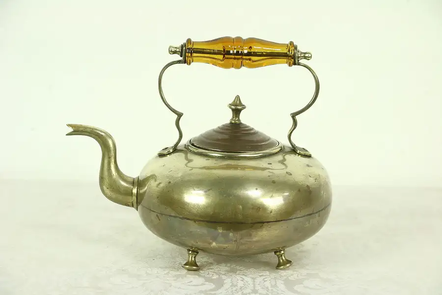 Main image of Brass Antique Tea Kettle, Copper Lid & Glass Handle, Signed JCB