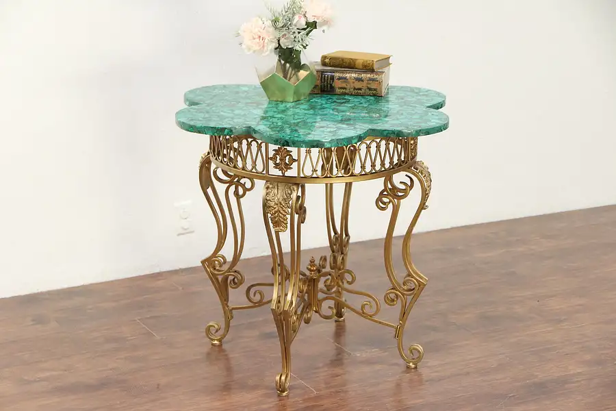 Main image of Malachite Mosaic Italian Antique Table, Bronze Finish Wrought Iron Base