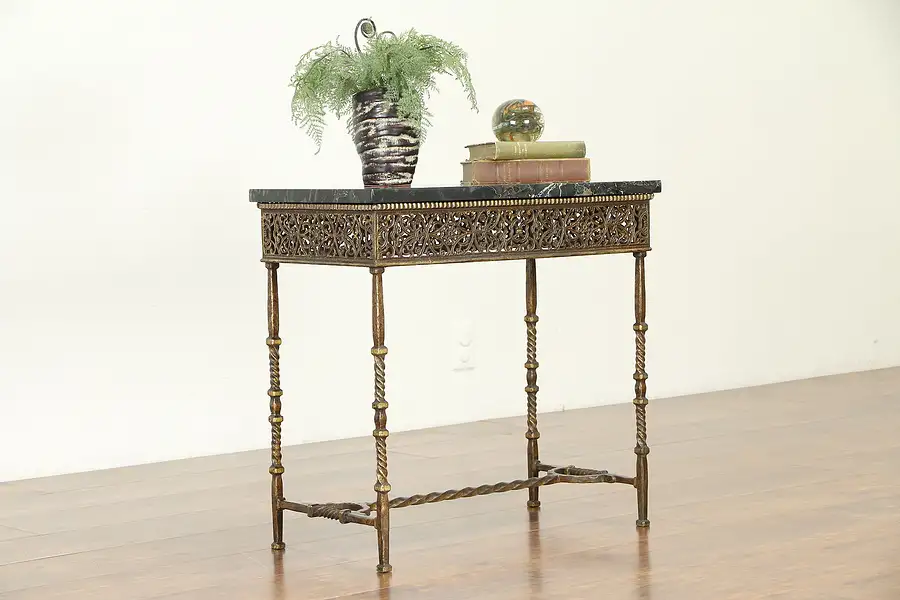Main image of Marble Top Antique Chairside or Lamp Table, Patinated Brass Base