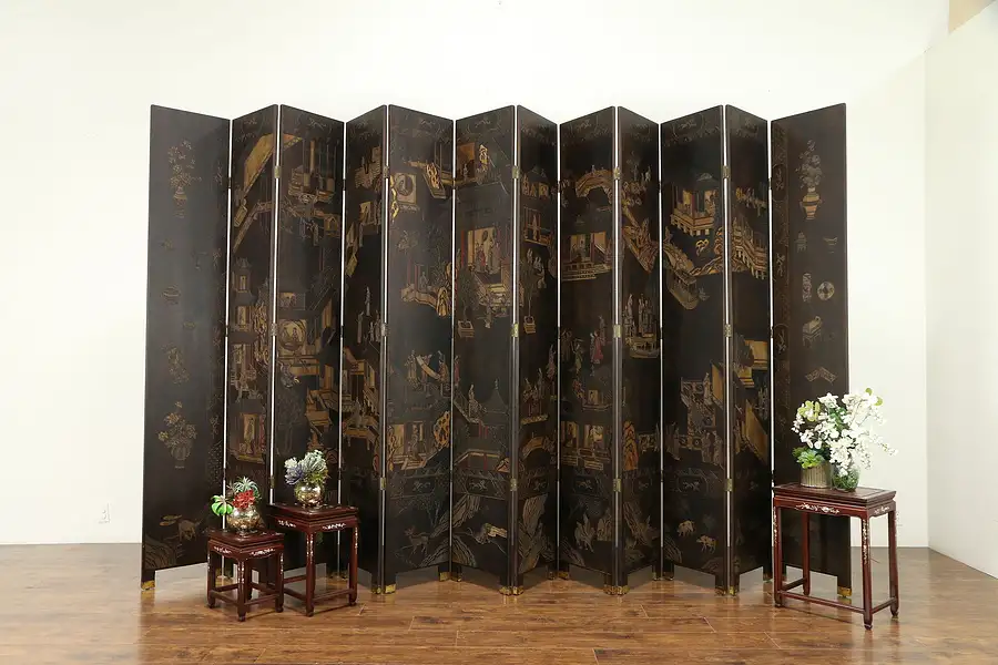 Main image of Chinese Antique 12 Panel Hand Painted Large Coromandel Screen, 16'