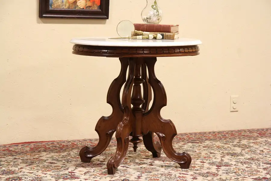 Main image of Victorian 1880 Antique Oval Marble Top Center, Parlor or Lamp Table