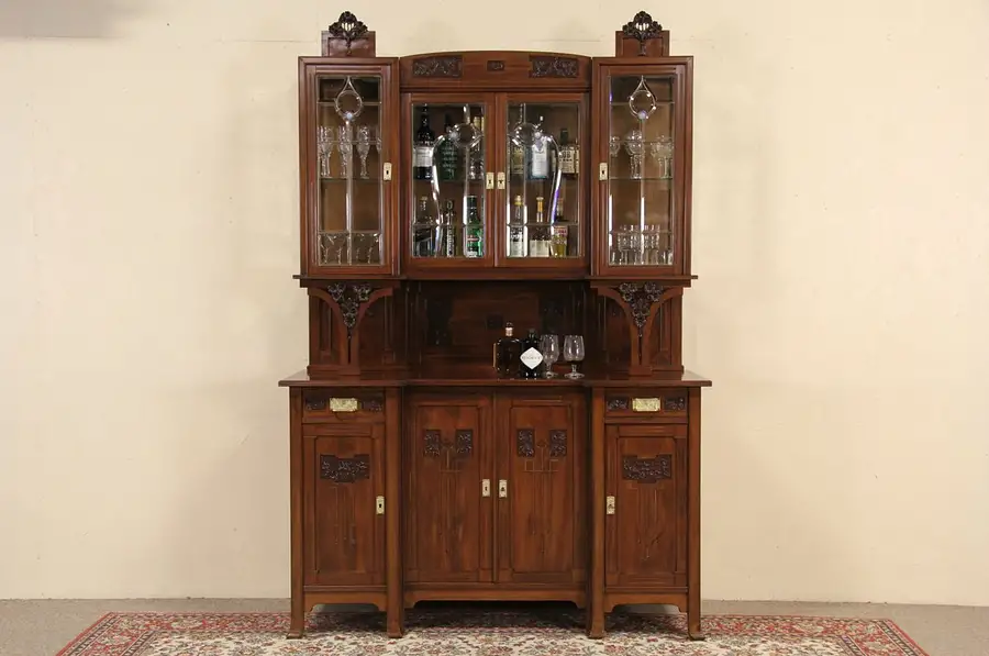Main image of Italian Arts & Crafts 1910 Back Bar, Server & China Cabinet, Leaded Glass Doors