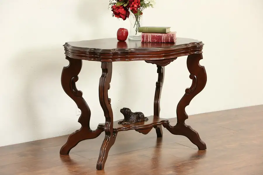 Main image of Victorian 1870 Antique Walnut Parlor Lamp Table, Carved Dog Sculpture