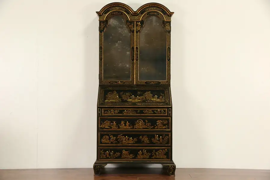 Main image of Chinese Style Hand Painted 1930's Vintage Secretary Desk & Bookcase