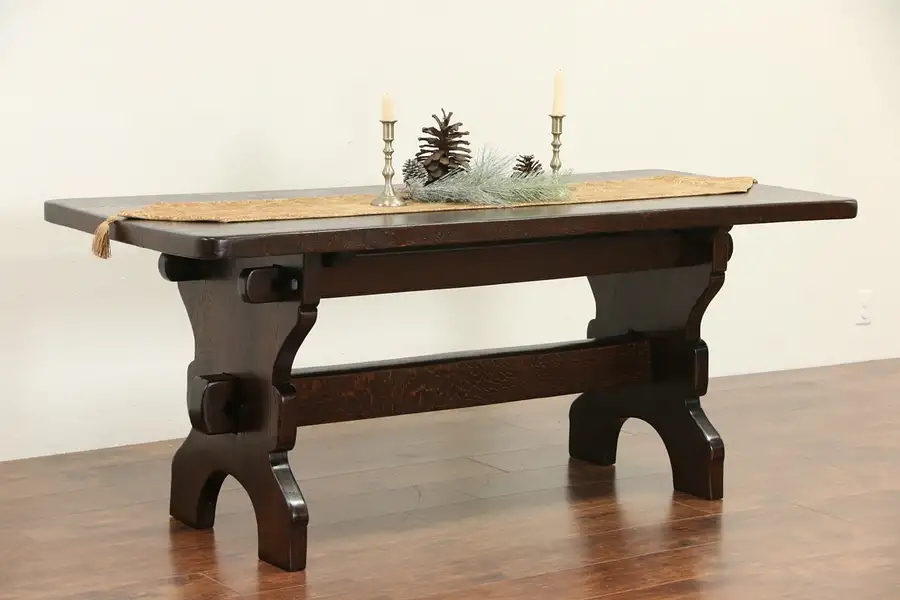 Main image of Oak Trestle Base Hand Hewn 1900 Antique Rustic Dining Table