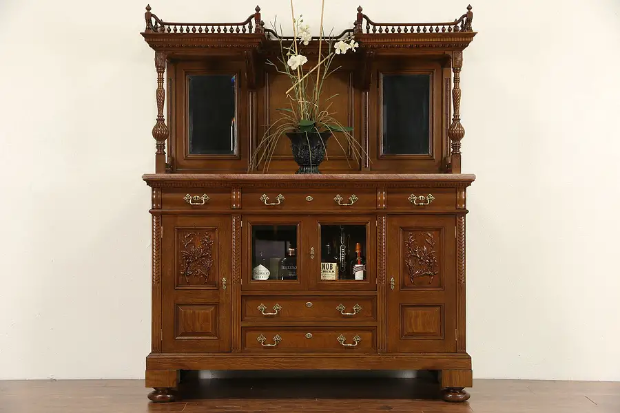 Main image of Oak Hand Carved 1870's Antique Back Bar, Sideboard or Server, Marble Top