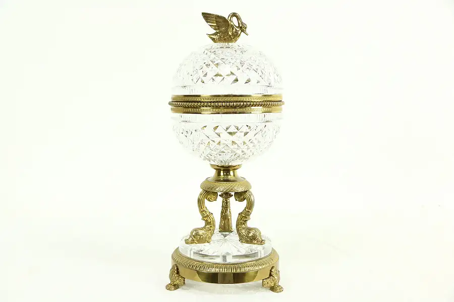 Main image of Brass & Crystal Vintage Candy Jar with Swan & Dolphins