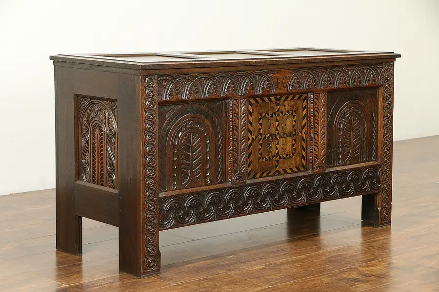 Main image of French Antique Oak Trunk or Chest, Marquetry, 1890 Copy of 1685 Original