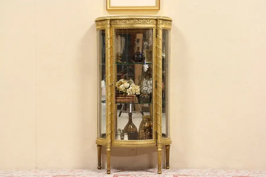 Main image of French Gold Leaf Curved Glass Vitrine or Curio Display Cabinet