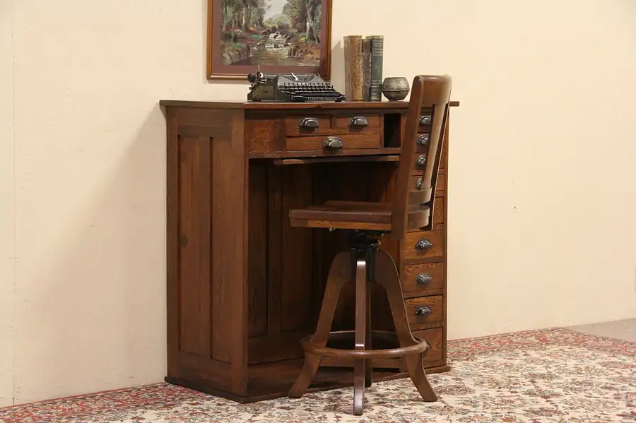 Main image of Oak 1900 Antique Watchmaker Workbench, 12 Drawers, Parts Catcher