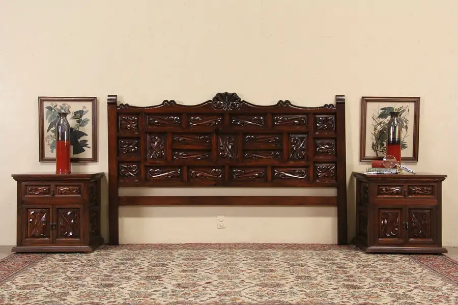 Main image of Spanish Colonial Carved Pine King Size Bedroom Set, Headboard & 2 Nightstands