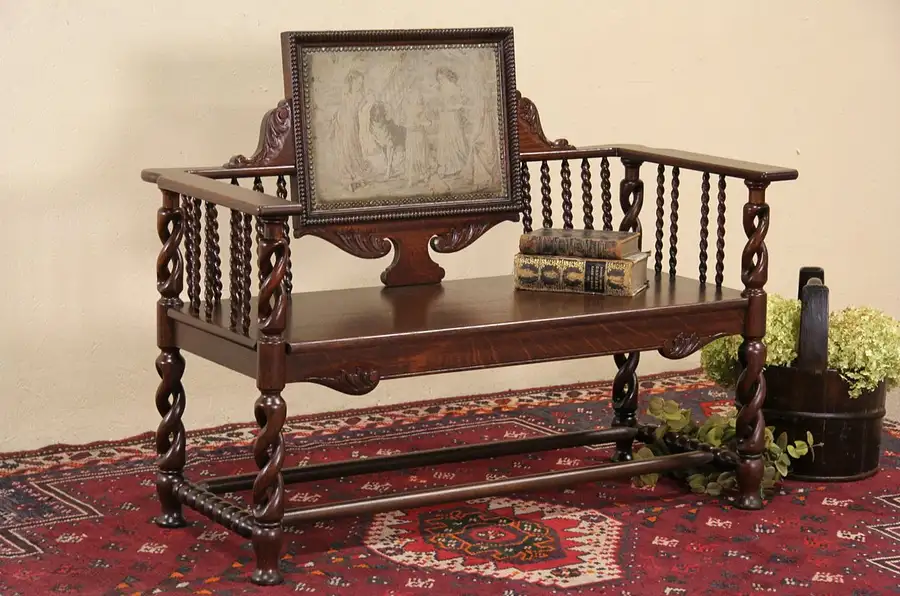 Main image of Oak 1890 Antique Bench, Spiral Columns & Tapestry