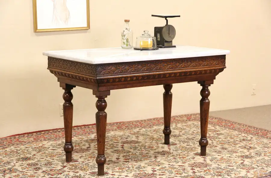 Main image of French 1880 Antique Oak Marble Top Kitchen Island with Drain