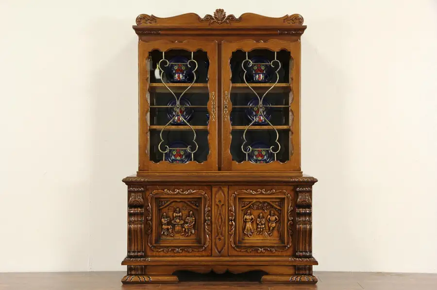 Main image of Scandinavian Oak 1920's Bookcase China Display Cabinet, Carved Music Scenes