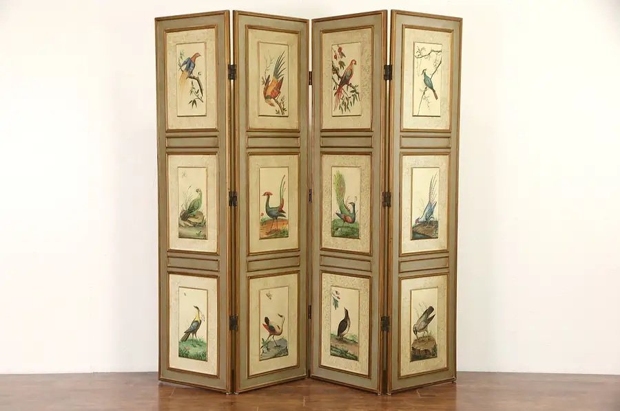 Main image of Peacock & Birds 4 Panel 1930's Vintage Hand Painted Screen