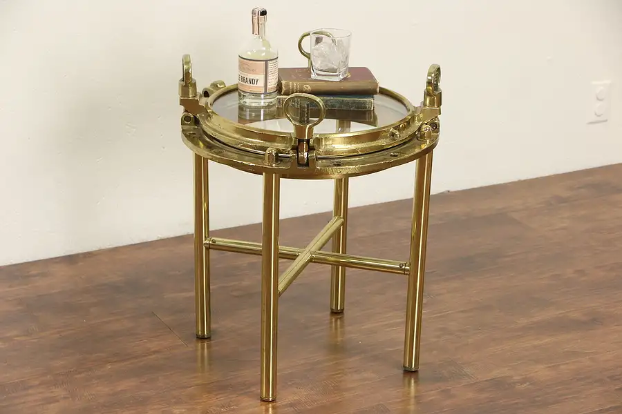 Main image of Ship Salvage Brass Porthole Window Mounted as Chairside or Coffee Table