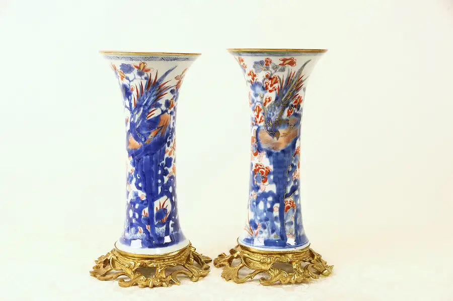 Main image of Pair Antique 1900 Era Japanese Imari Porcelain Vases, Bronze Mounts