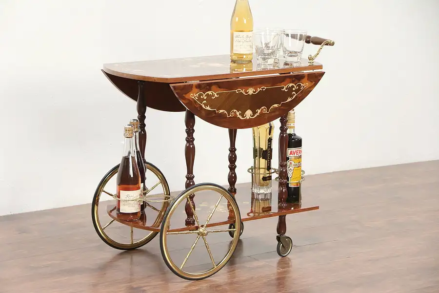 Main image of Italian Marquetry Vintage Bar Cart, Tea, Beverage or Dessert Trolley