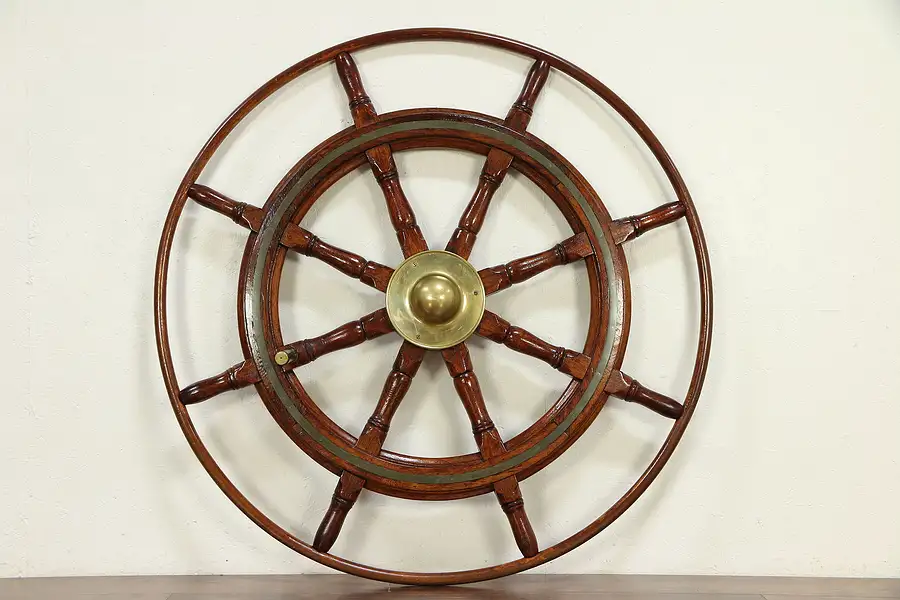 Main image of Dutch 1900's Antique Salvage Mahogany & Brass 52" Ship Wheel or Helm