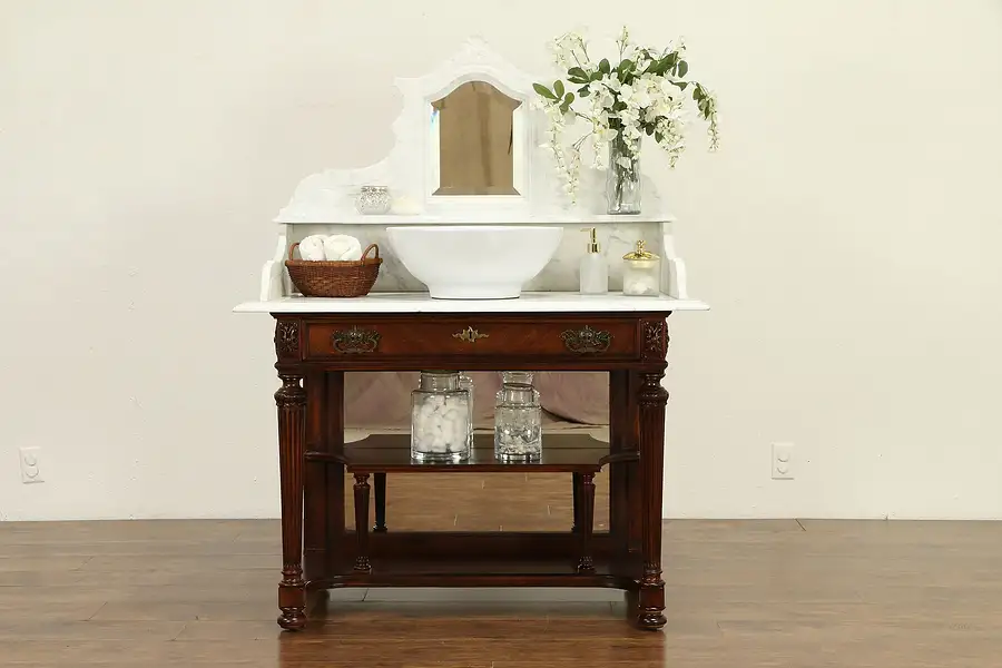Main image of Marble Top Antique Mahogany Washstand, Bar, Server, Vessel Sink Vanity