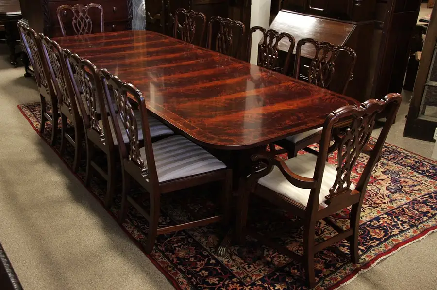 Main image of Georgian Mahogany Dining Set Banded Table, 10 Chairs