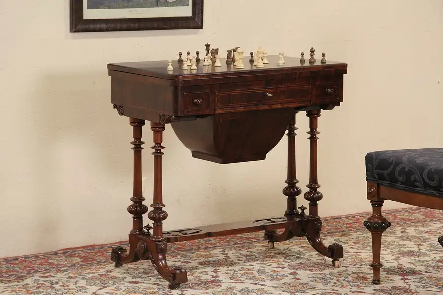 Main image of Chess, Game & Needlework Table, Rosewood Marquetry 1870 English Antique