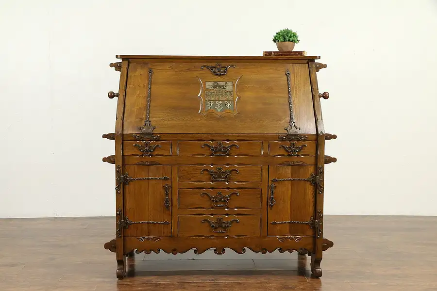 Main image of Swedish Antique Secretary Desk, Hand Carved & Painted Family Crest