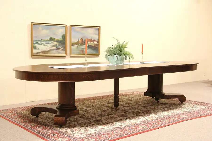 Main image of Round Quartersawn Oak 5' Antique Dining Table, Split Pedestal, Extends 11'