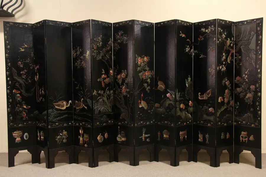 Main image of Chinese Coromandel Carved Lacquer Antique1920 Large Birds Screen