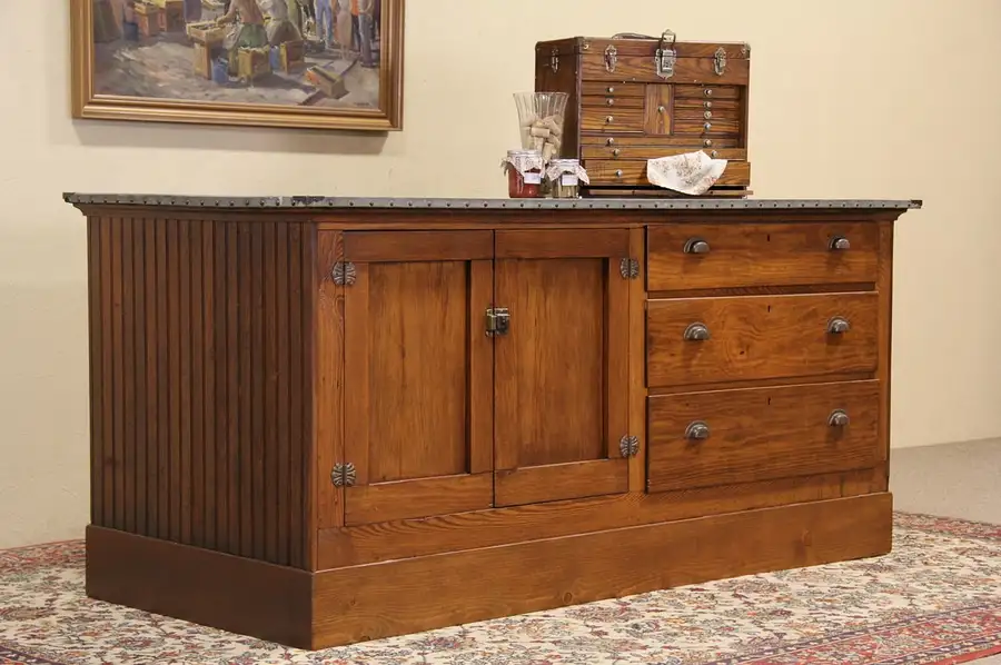 Main image of Kitchen Island or Potting Counter, 1900 Country Pine Wainscoting, Zinc Top