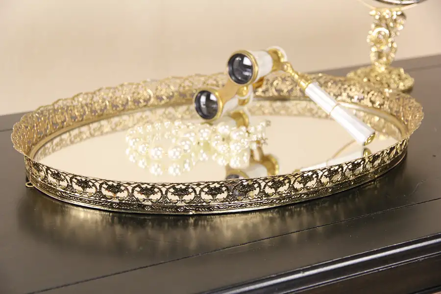 Main image of Gold Filigree Mirrored Vintage Boudoir Perfume or Dresser Tray