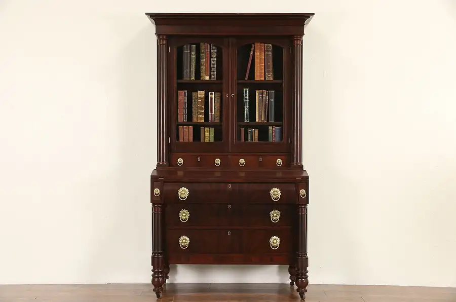 Main image of Empire 1830 Antique Secretary Desk & Bookcase, Original Pulls