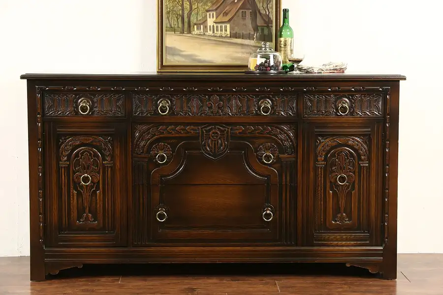 Main image of English Tudor 1925 Antique Oak TV Console, Sideboard Server or Buffet, Life Time