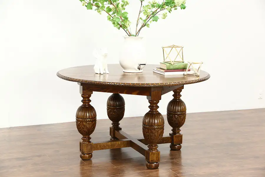 Main image of Round Antique 1915 Quarter Sawn Oak Carved Dining, Breakfast or Game Table