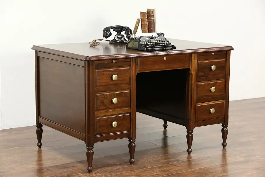 Main image of Walnut 1925 Antique Library or Office Desk, File Drawer, Signed Clemco