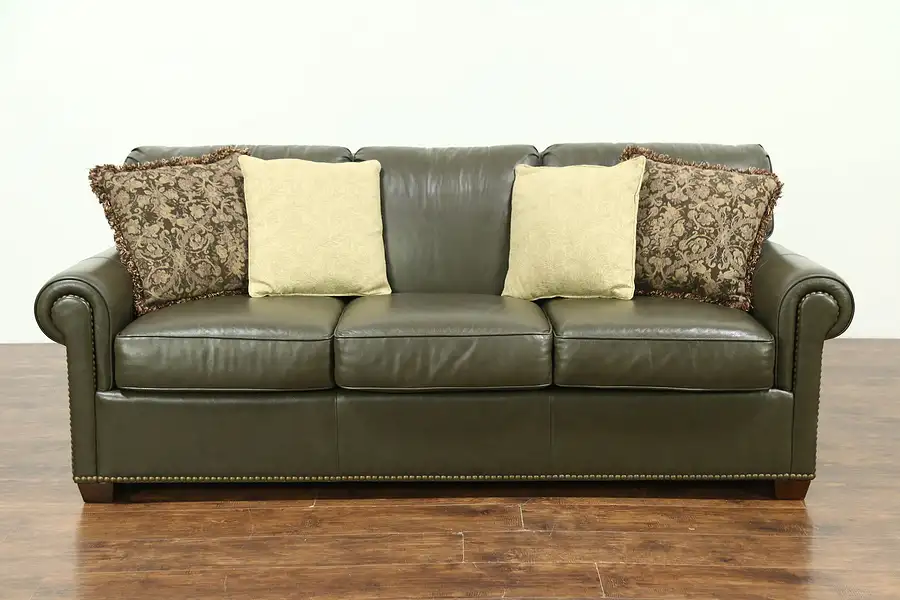 Main image of Leathercraft Signed Green Leather 3 Cushion Sofa, Brass Nailhead Trim