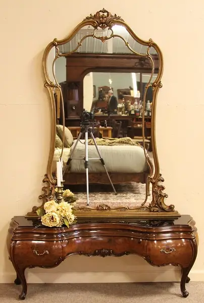 Main image of Bombe Burl Carved Antique Vanity or Dressing Mirror