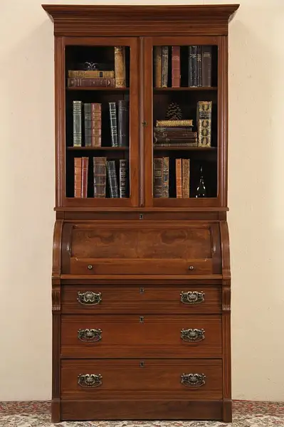 Main image of Victorian Eastlake 1890 Antique Cylinder Roll Top Desk & Bookcase