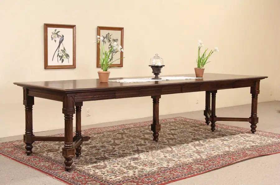 Main image of Victorian Gothic Antique French 1890's Oak Dining Table, 6 Leaves Extend 10'