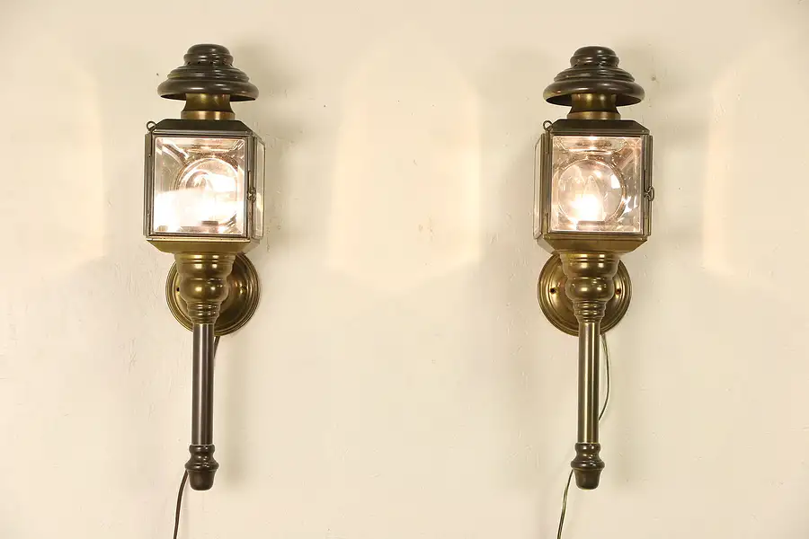 Main image of Pair of Brass 1890's Antique Coach Lamps, Electrified as Sconces