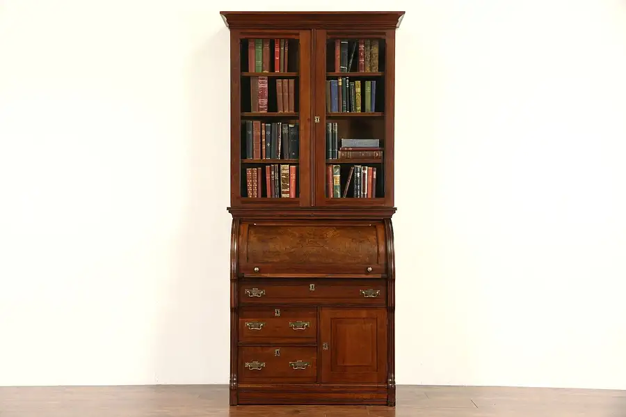 Main image of Victorian Eastlake 1880's Walnut Cylinder Roll Top Secretary Desk & Bookcase