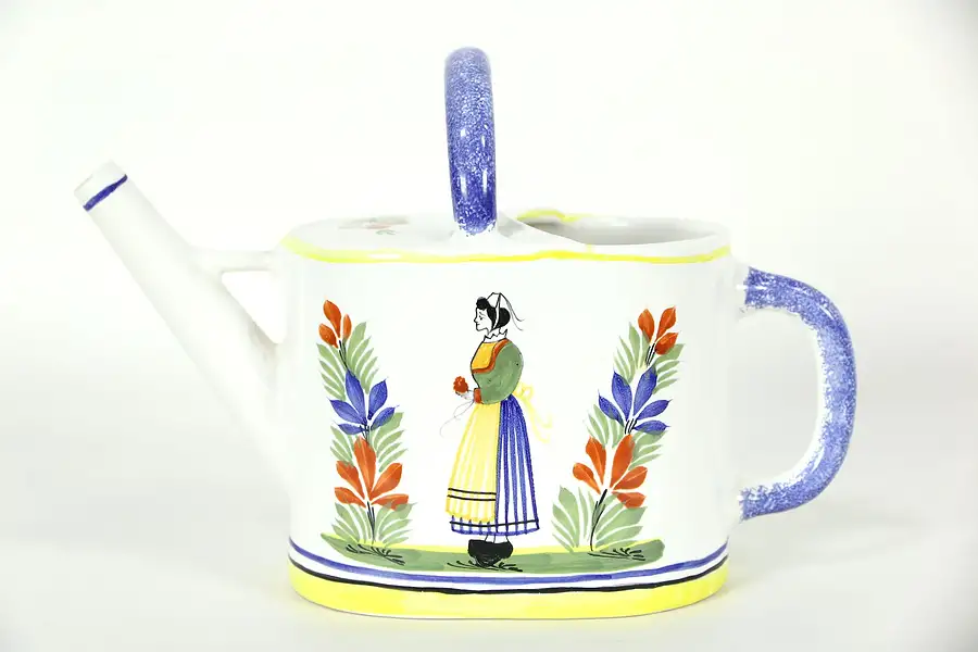 Main image of Quimper Signed Hand Painted Watering Can or Flower Vase