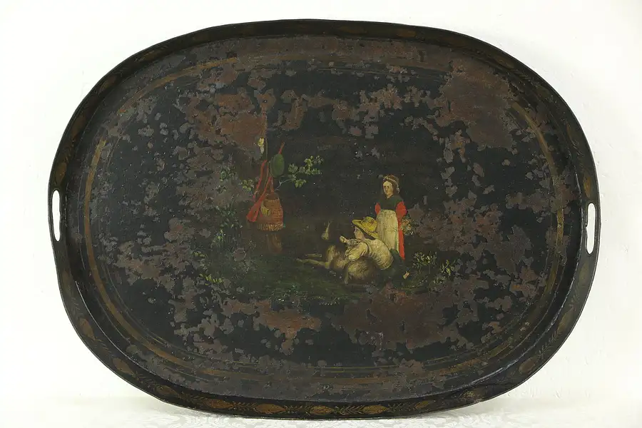 Main image of Toleware 1850 Antique Tray, Hand Painted Children & Dog Hunting Scene