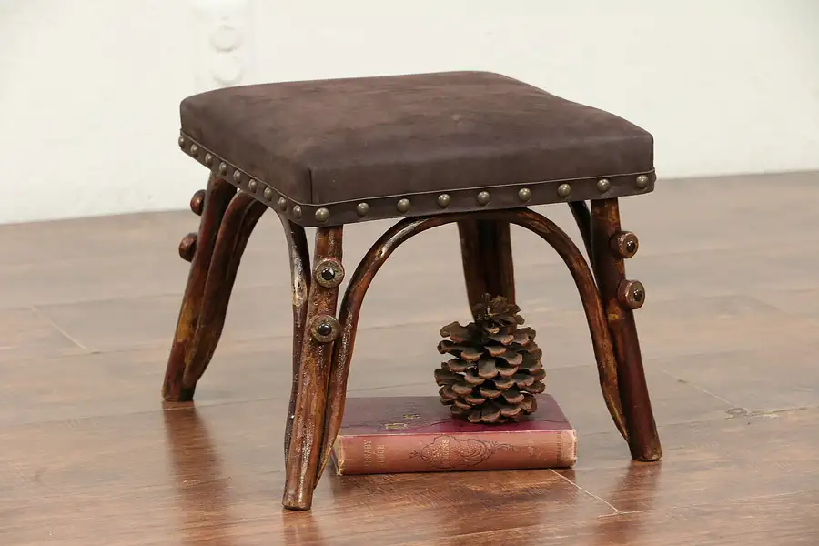 Main image of Twig Bentwood Antique Rustic Footstool, New Leather Seat