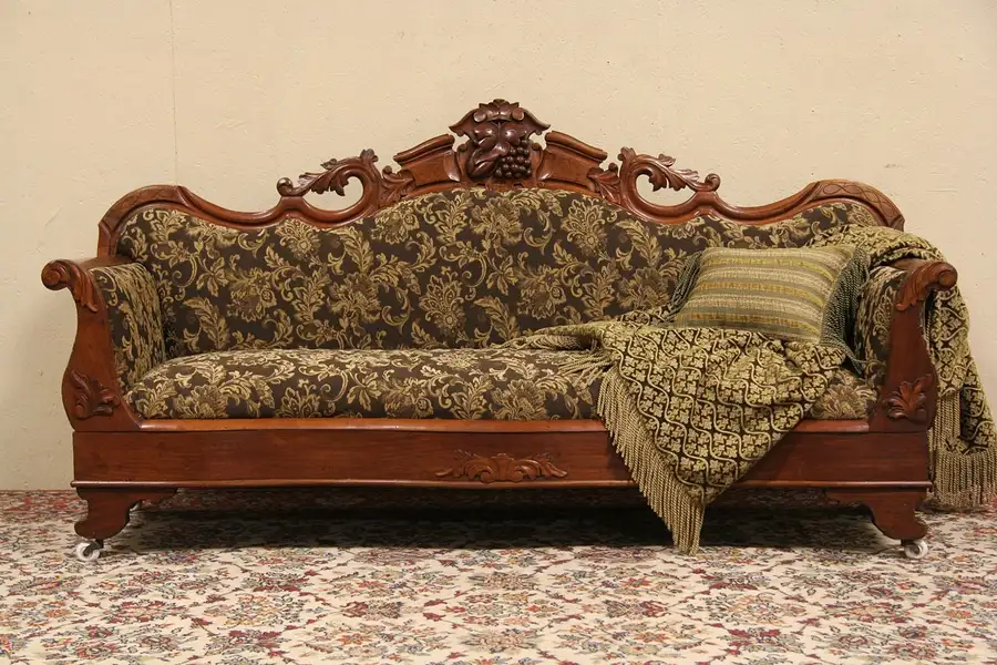 Main image of Victorian 1850 Antique Walnut Sofa, Carved Grapes