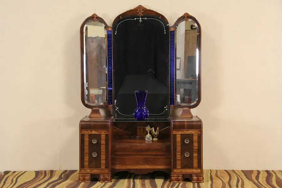 Main image of Art Deco Waterfall 1930's Dressing Table Vanity, Blue Mirrors