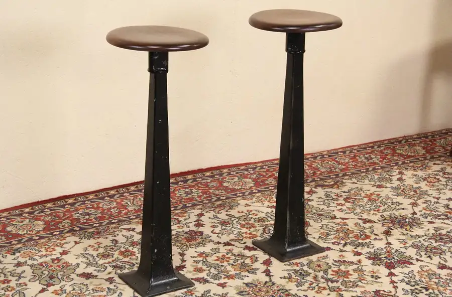 Main image of Pair of 1900 Antique Drug Store Soda Fountain Counter Stools, Iron Bases