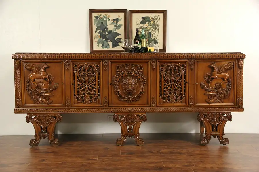 Main image of Italian Vintage Console Credenza, Carved Horses, Faces & Dolphins