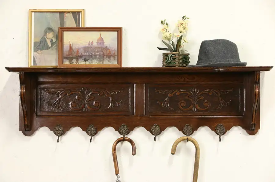 Main image of Dutch Carved Oak 1900 Wall Shelf, Coat & Hat Hooks